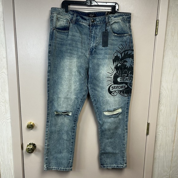 Ed Hardy Jeans Death Before Dishonor Distressed Slim Taper Denim MENS SZ 40 NWT